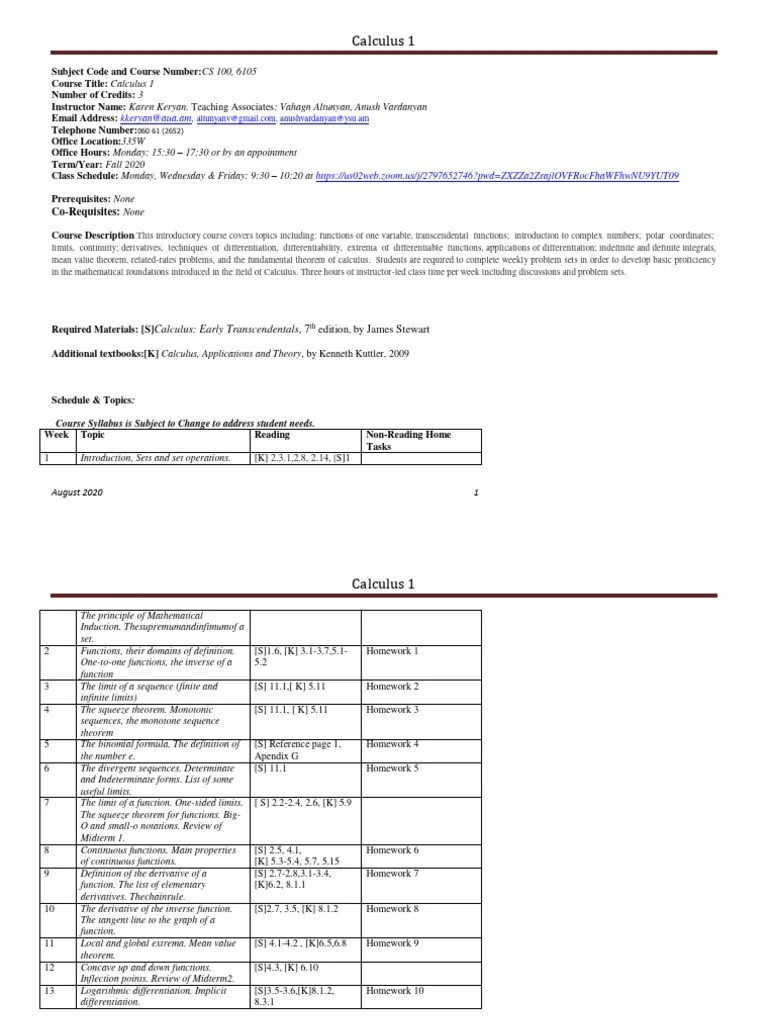 Calculus 1 Syllabus Fall 2020 | Download Free PDF | Function ...