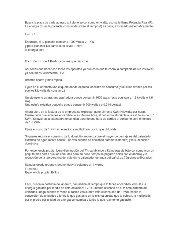Formulas Para Calculo De Consumo De Energia | PDF | Vatio | Poder (Física)
