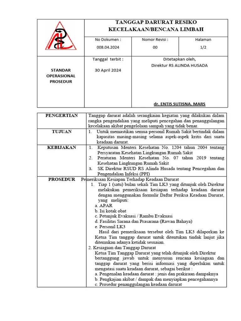 SOP Tanggap Darurat Kecelakaan Ataubencana Limbah | PDF