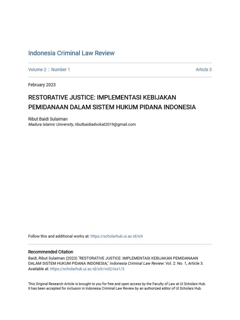 Restorative Justice - Implementasi Kebijakan Pemidanaan Dalam Sistem Hukum Pidana Indonesia | PDF