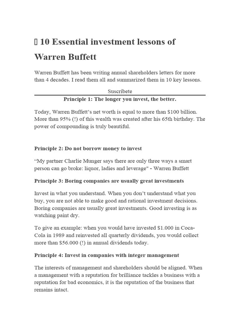 ? 10 Essential Investment Lessons Of Warren Buffett | PDF | Investing | Stocks