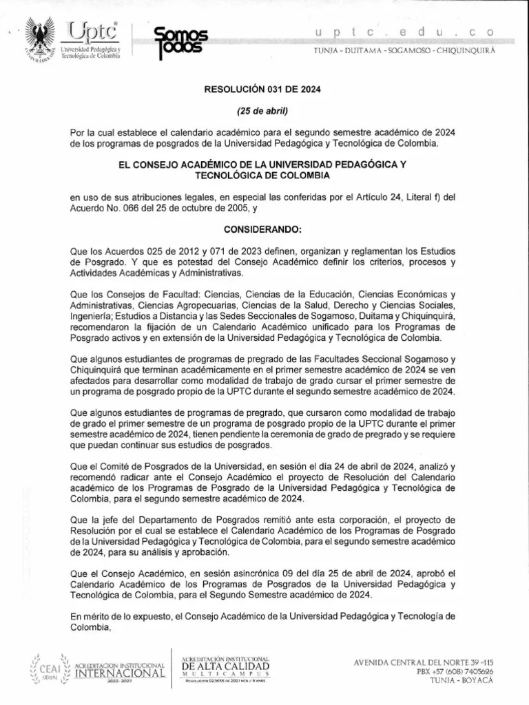 Resolución #031 De 2024 Calendario Acad. Posgrados Segundo Semestre ...