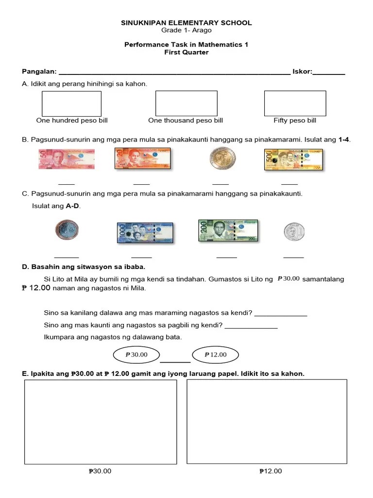 Grade 1 Performance Tasks (1st Quarter) Mathematics | PDF | Philippines ...
