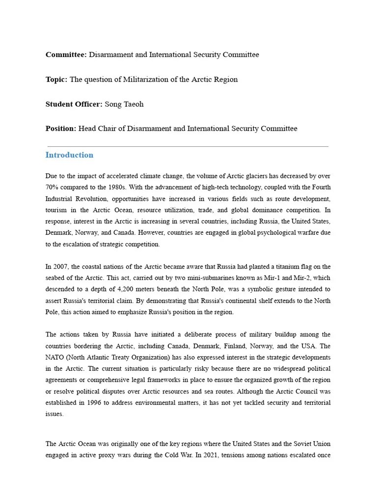KISMUN23 - DISEC - 01 - Militarization Of The Arctic Region | PDF | Arctic | Arctic Ocean