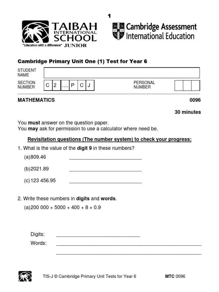 Yr 6 Unit 1 Test The Number System Pdf Numbers Significant Figures
