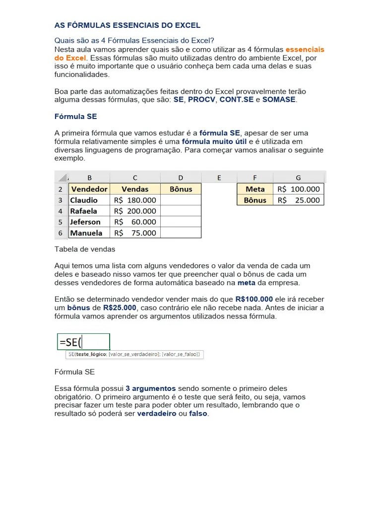 As Fórmulas Essenciais Do Excel | PDF | Argumento | Microsoft Excel