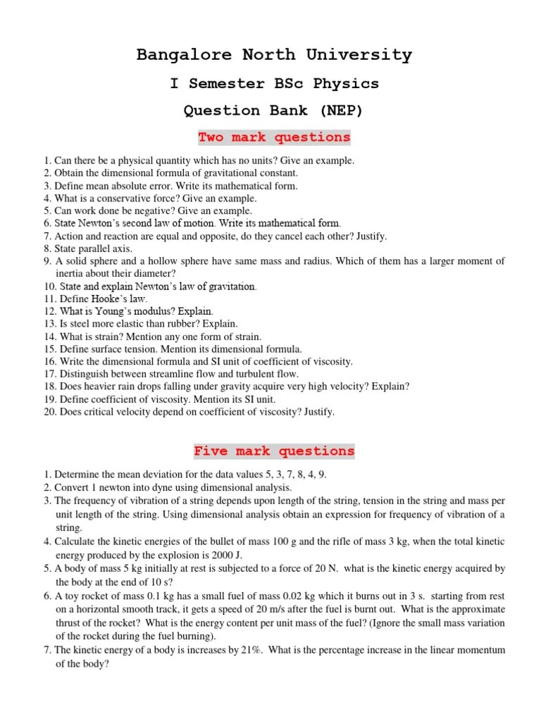 Physics Sem 1 Question Bank Revised Pdf Force Newton S Laws