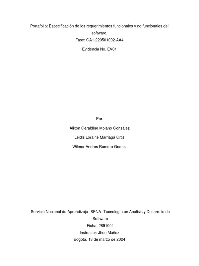 Especificación De Los Requerimientos Funcionales Y No Funcionales Del Software GA1-220501092-AA4 ...
