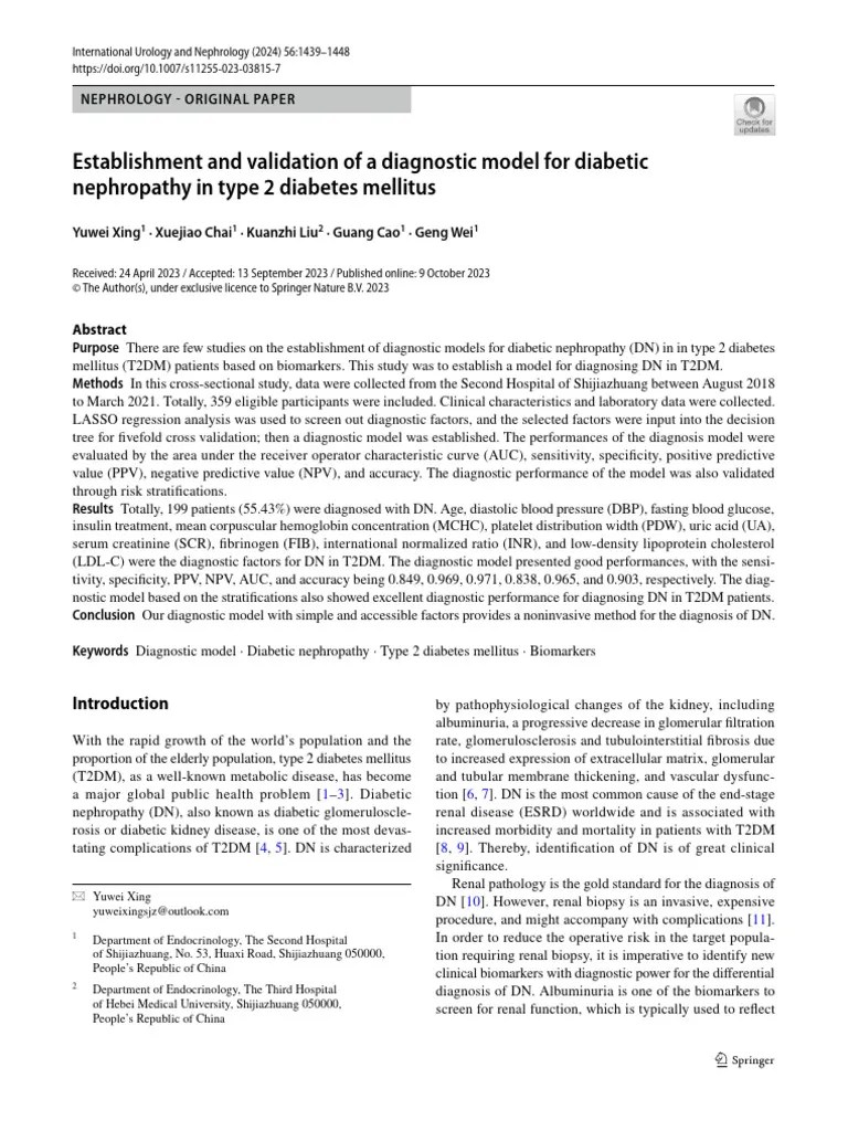 Establishment And Validation Of A Diagnostic Model For Diabetic Nephropathy In Type 2 Diabetes ...
