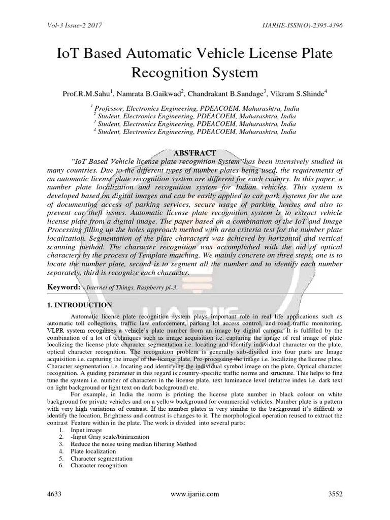 IoT Based Automatic Vehicle License Plate Recognition System Ijariie4633 | PDF | Internet Of ...