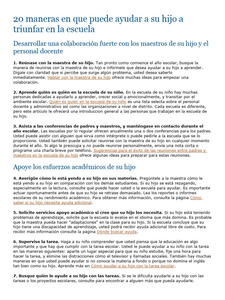 20 Maneras En Que Puede Ayudar A Su Hijo A Triunfar En La Escuela | PDF ...