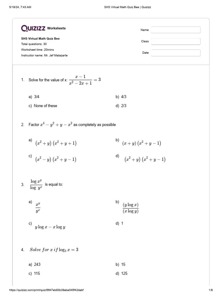 1virtual Math Quiz Bee - Quizizz | PDF | Function (Mathematics ...