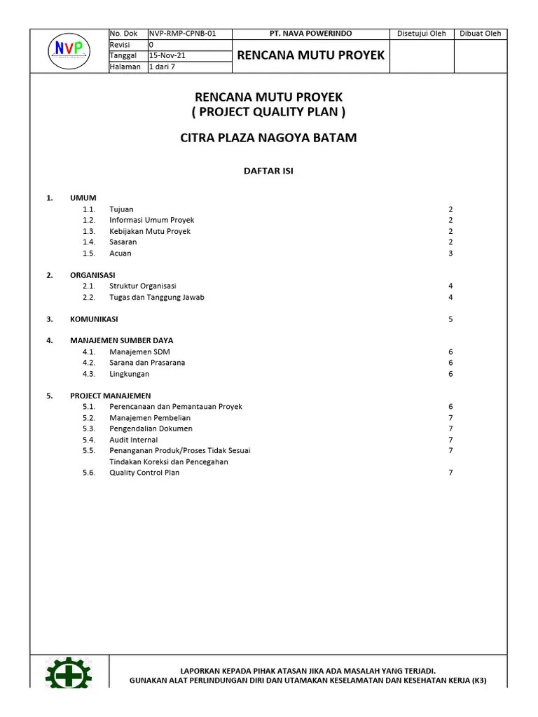 Contoh Rencana Mutu Proyek | PDF