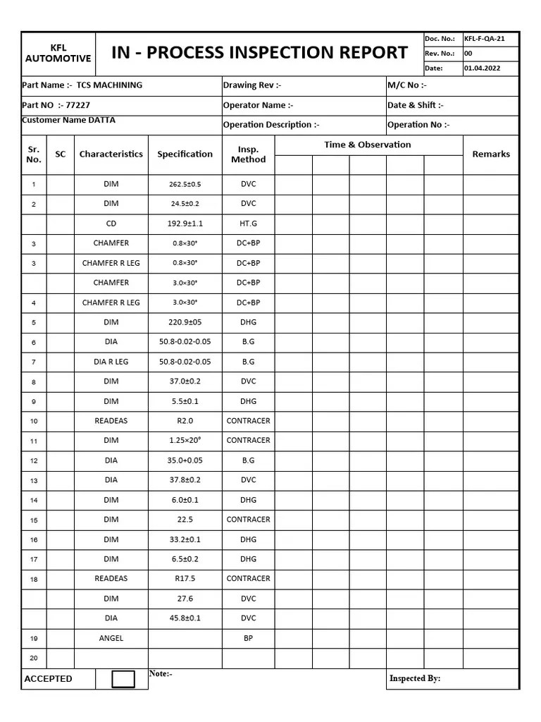 In -Process Inspection Report 10 Pads | PDF