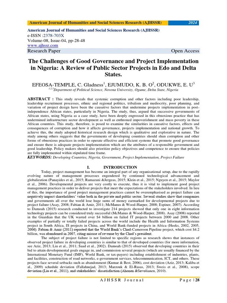 The Challenges Of Good Governance And Project Implementation In Nigeria: A Review Of Public ...