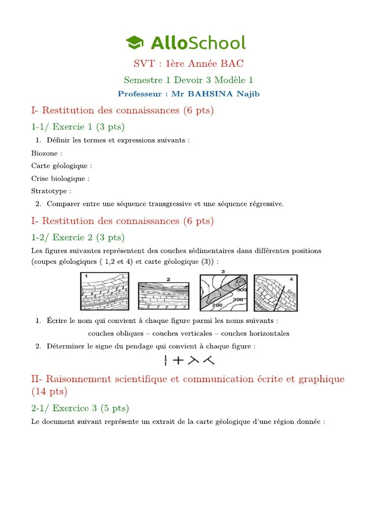 SVT 1bac Semestre 1 Devoir 3 Modele 1 | PDF