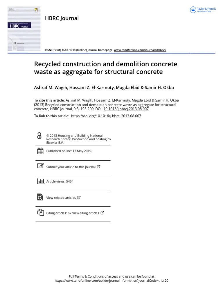 Recycled Construction And Demolition Concrete Waste As Aggregate For Structural Concrete ...