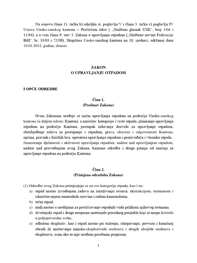Zakon O Upravljanju Otpadom (Sl. Glasnik USK Br. 4_12) | PDF