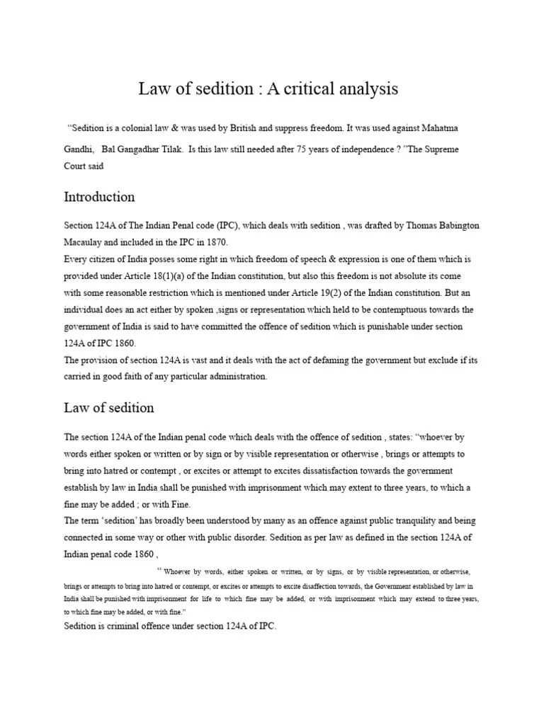 Law Of Sedition - A Critical Analysis | PDF | Justice | Crime & Violence