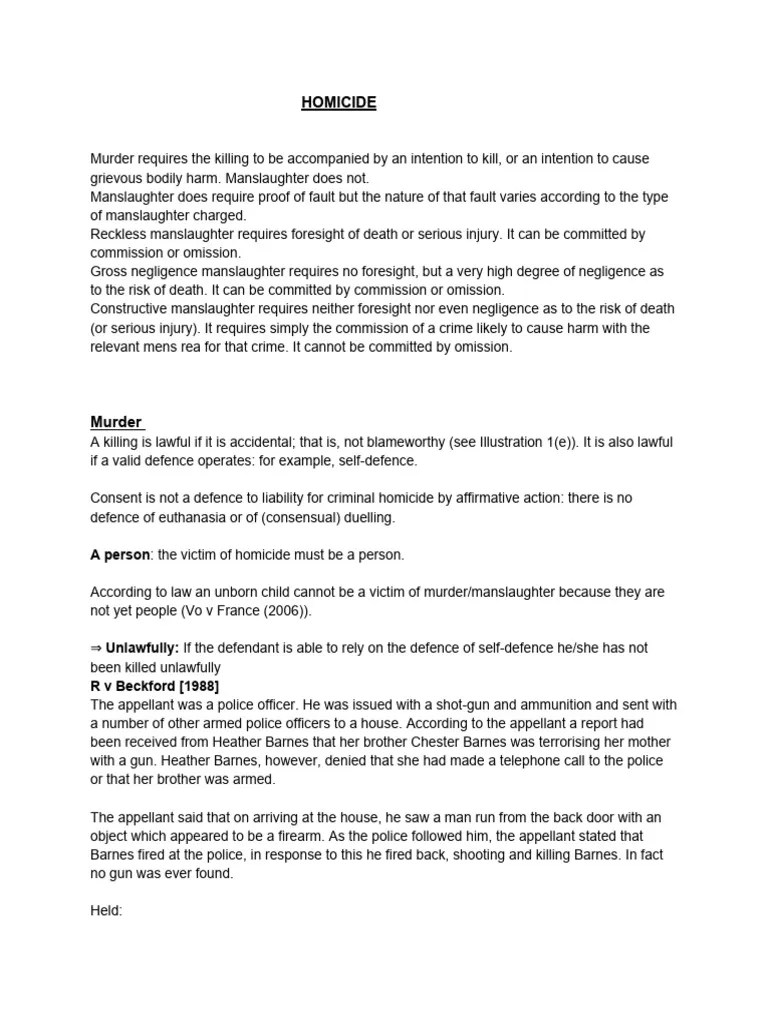 Criminal Law Homicide Notes | PDF | Manslaughter | Recklessness (Law)