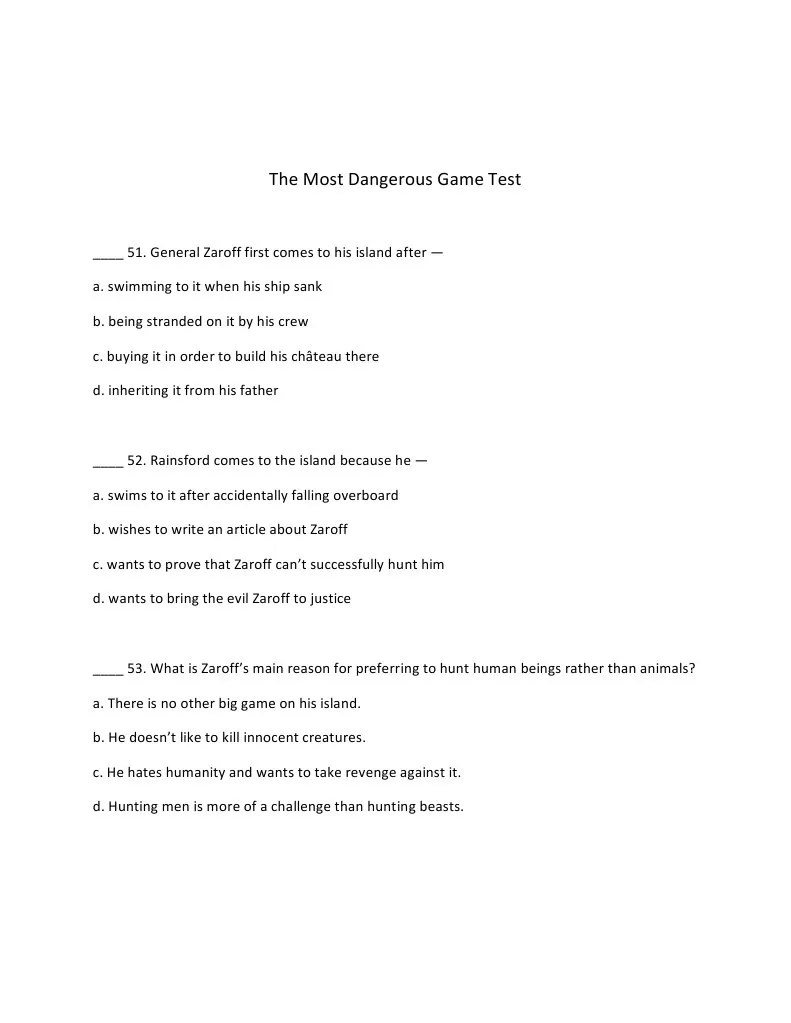The Most Dangerous Game Test | PDF