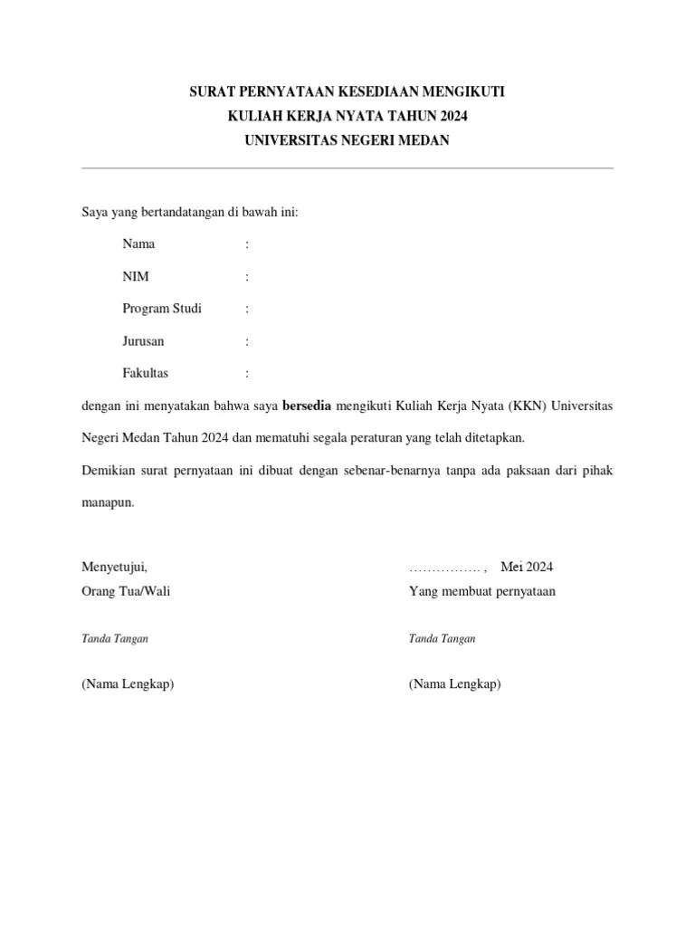Template Surat Pernyataan Kesediaan Mengikuti Kkn Tahun 2024 | PDF