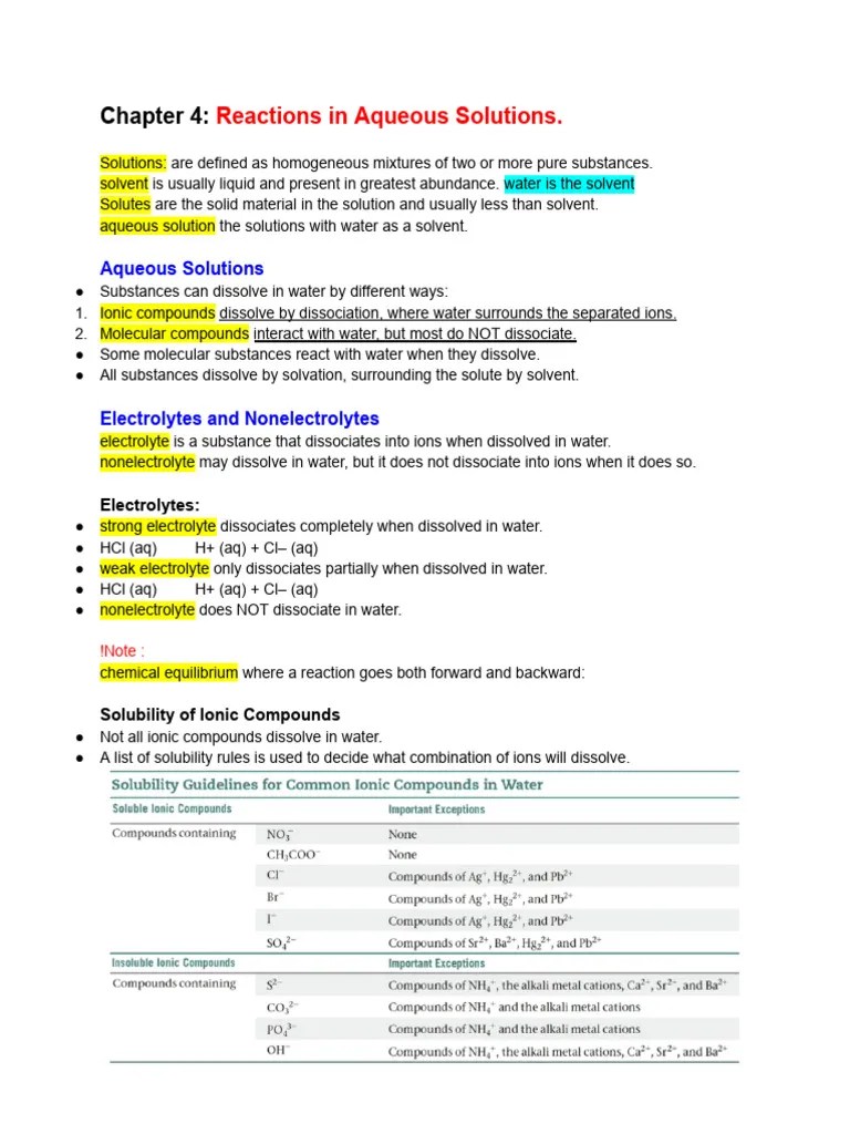 Chapter 4 - Reactions In Aqueous Solutions | PDF | Solvation | Acid