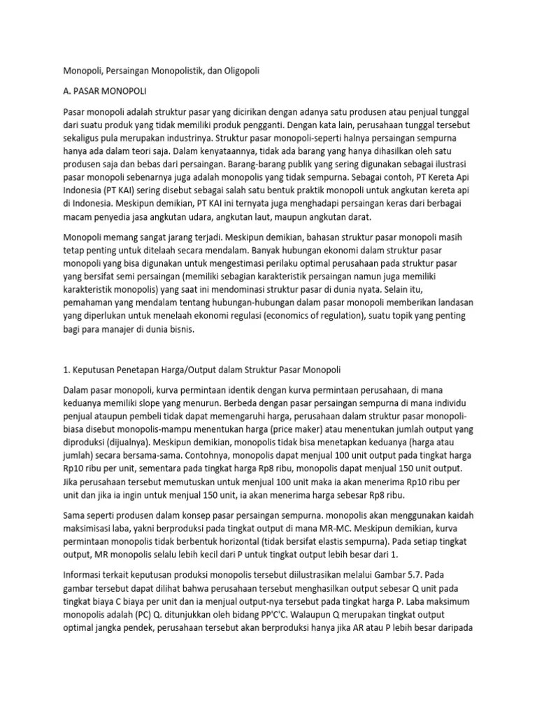 Monopoli, Persaingan Monopolistik, Dan Oligopoli | PDF