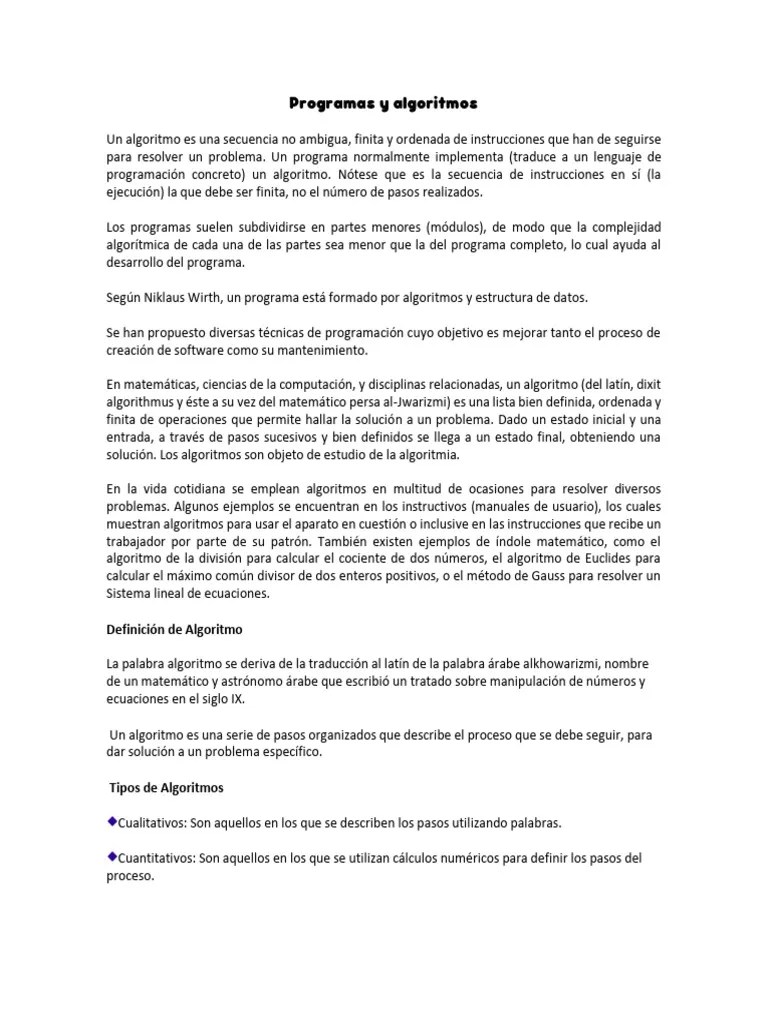 Programas Y Algoritmos | PDF | Algoritmos | Programa De Computadora