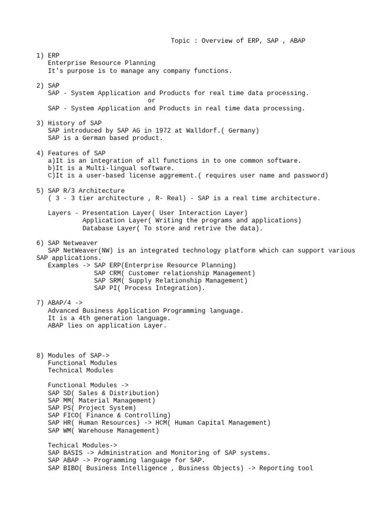 Basics Of ERP , SAP , ABAP | PDF | Database Index | Databases