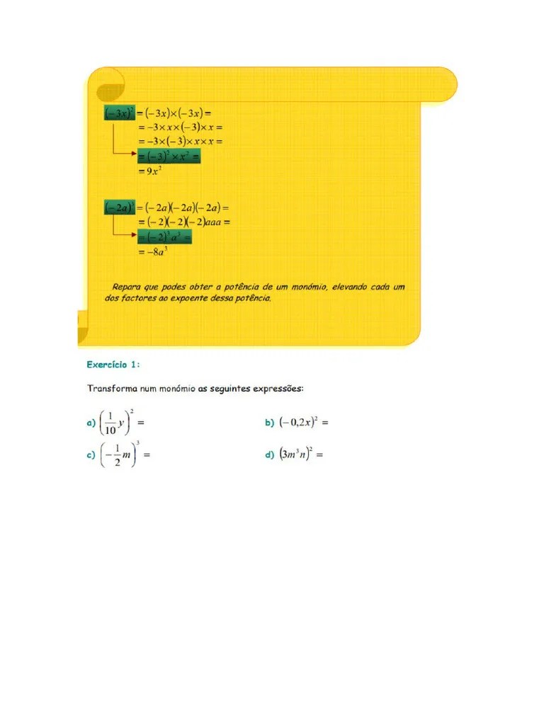 Exercicios De Matematica -Monomios E Polinomios | PDF