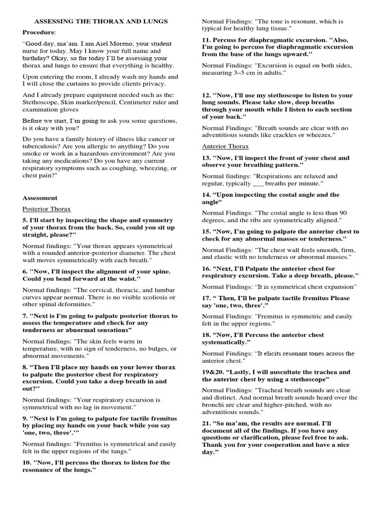 Assessing The Thorax And Lungs | PDF | Thorax | Vertebral Column