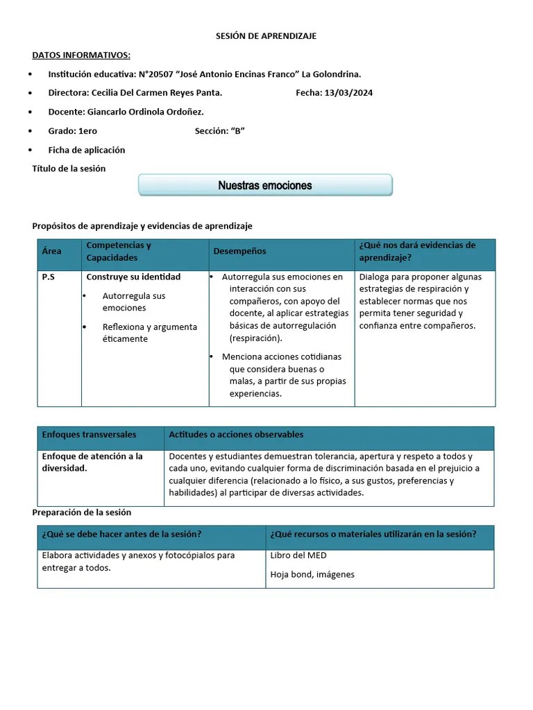 SESIÓN DE APRENDIZAJE Nuestras Emociones. | PDF | Las Emociones ...