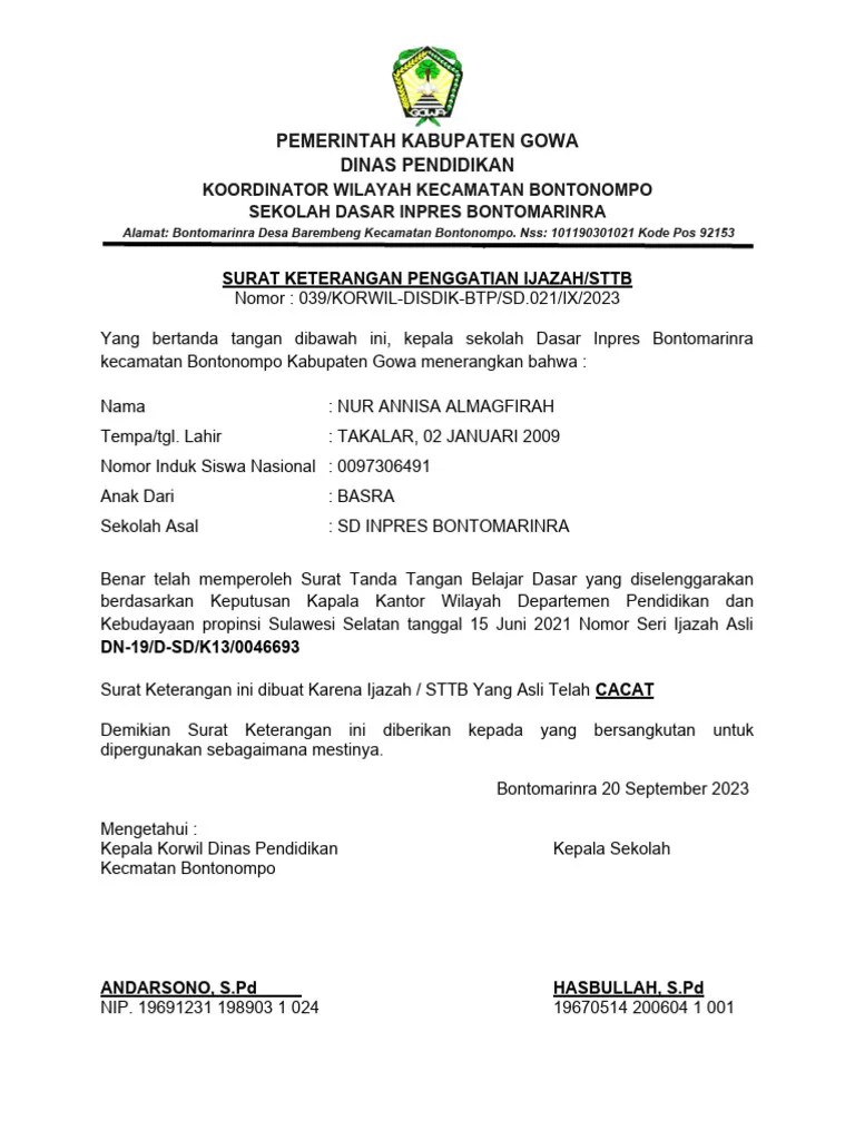 Surat Keterangan Slah Ijazah | PDF