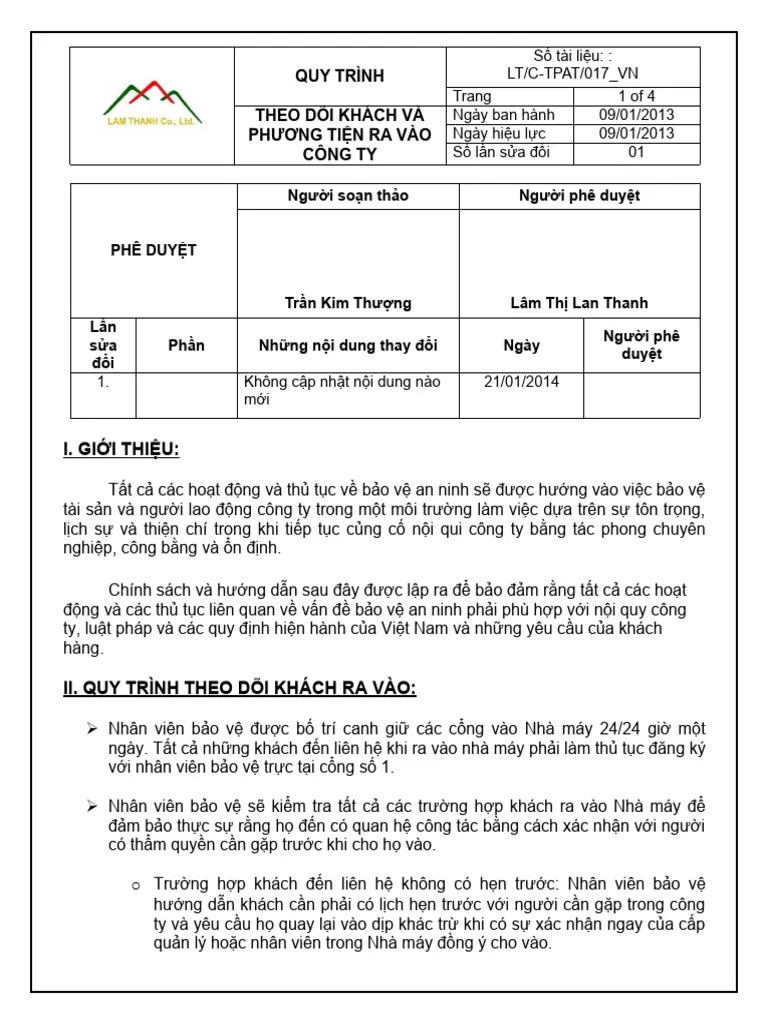 16 - QUY TRINH THEO DOI KHACH VA PHUONG TIEN RA VAO CONG TY | PDF