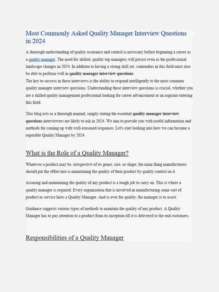 Most Commonly Asked Quality Manager Interview Questions In 2024 | PDF ...