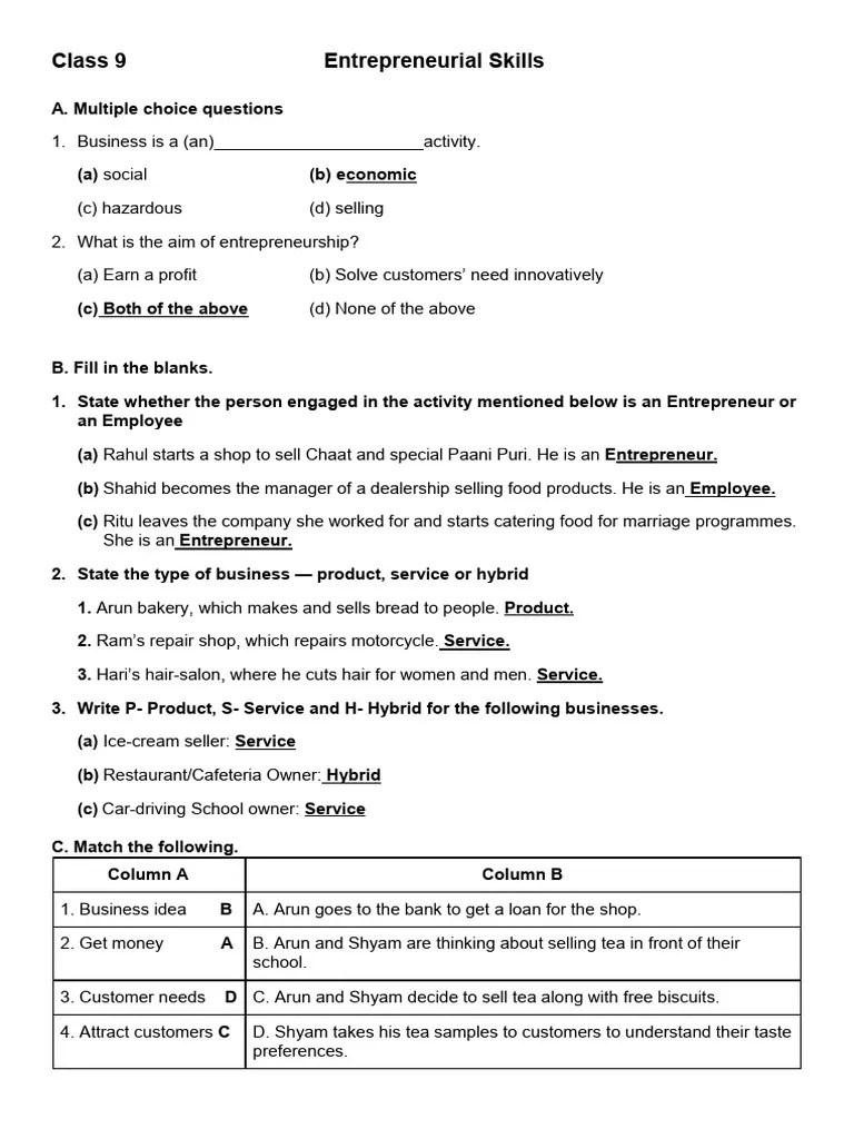 Entrepreneurial Skills - Class 9 98756432100 | PDF | Sales | Employment