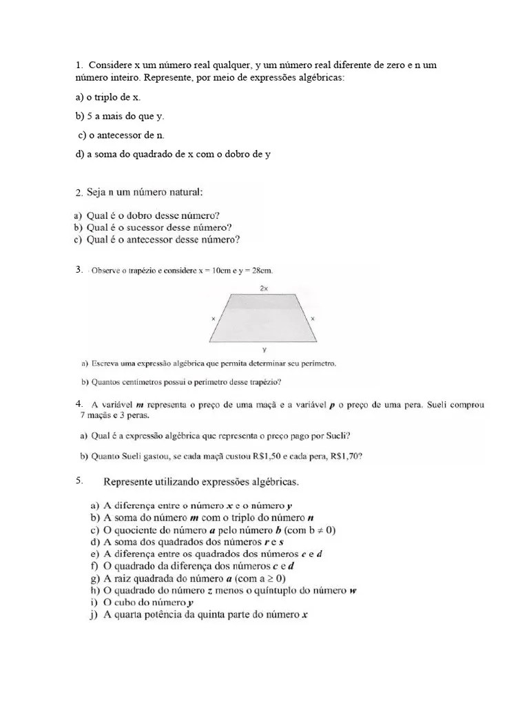 Exercícios Sobre Expressões Algébricas | PDF