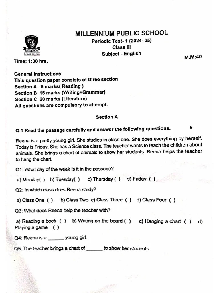 Class 3 English Question Paper | PDF