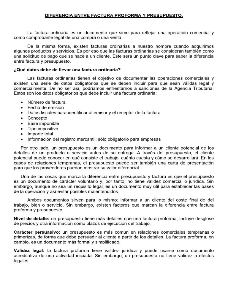 Diferencia Entre Factura Proforma Y Presupuesto - Piac | PDF | Factura | Presupuesto