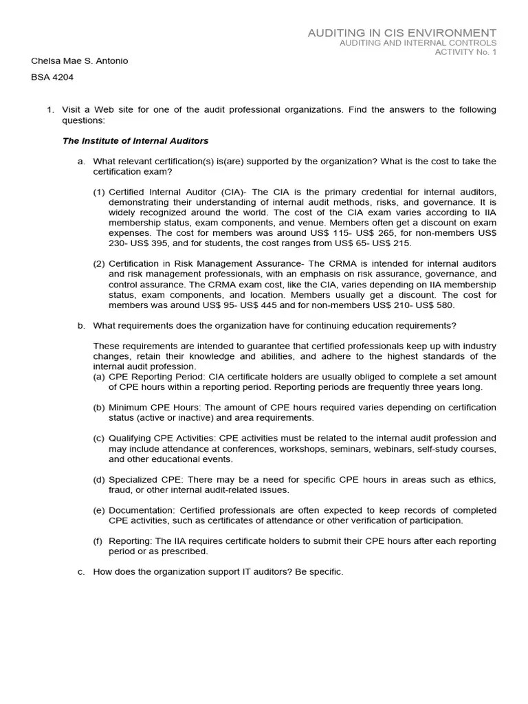 Activity 1_Auditing And Internal Controls | PDF | Internal Audit | Internal Control