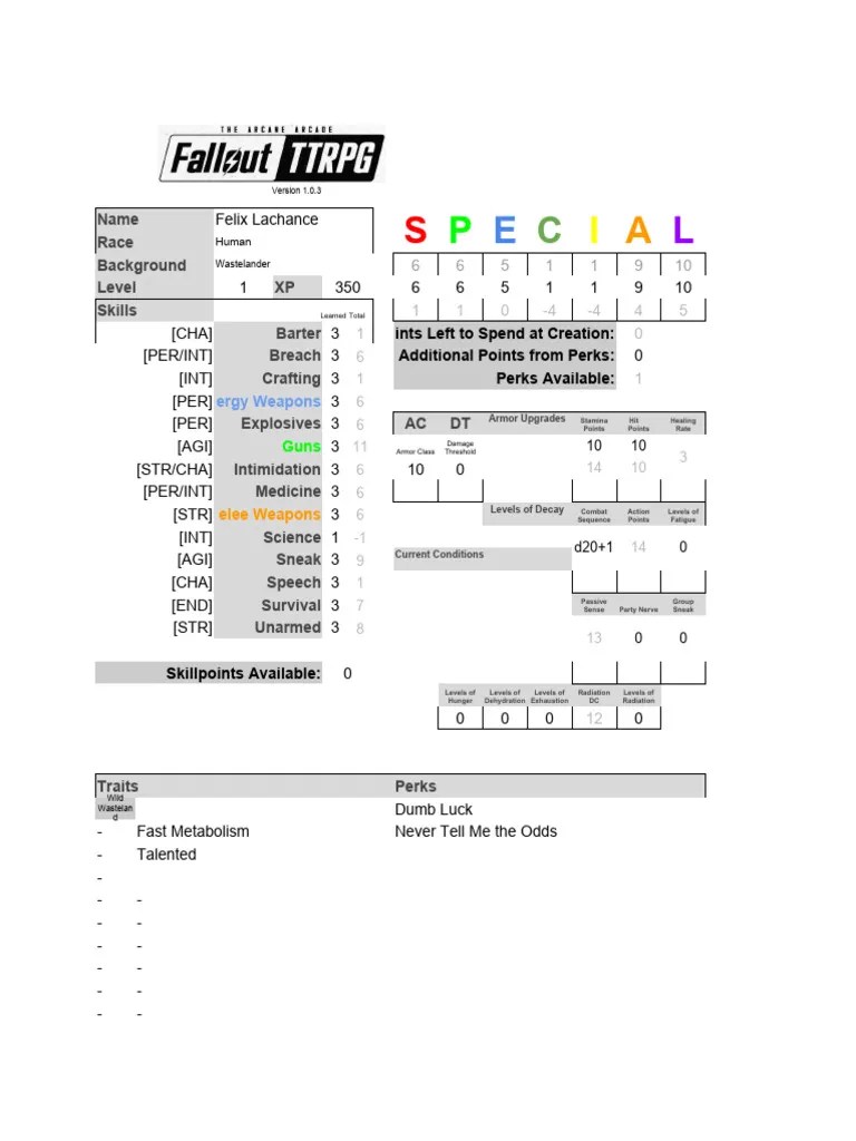 Cópia De Fallout TTRPG Character Sheet | PDF | Role Playing Video Games ...