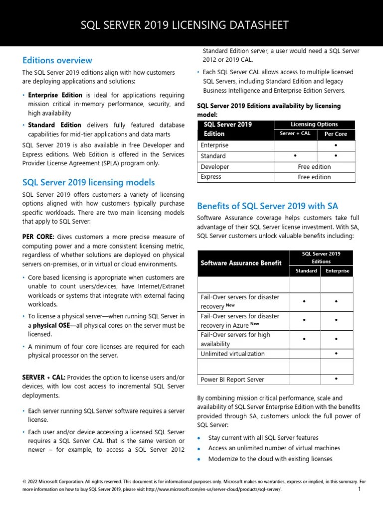 SQL Server 2019 Licensing Datasheet | PDF