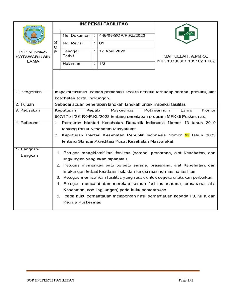 SOP Inspeksi Fasilitas | PDF