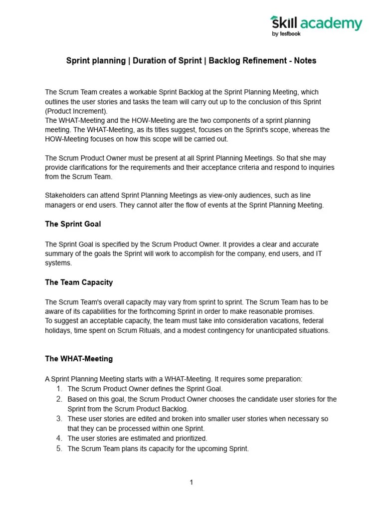Sprint Planning - Duration Of Sprint - Backlog Refinement - Notes | PDF ...