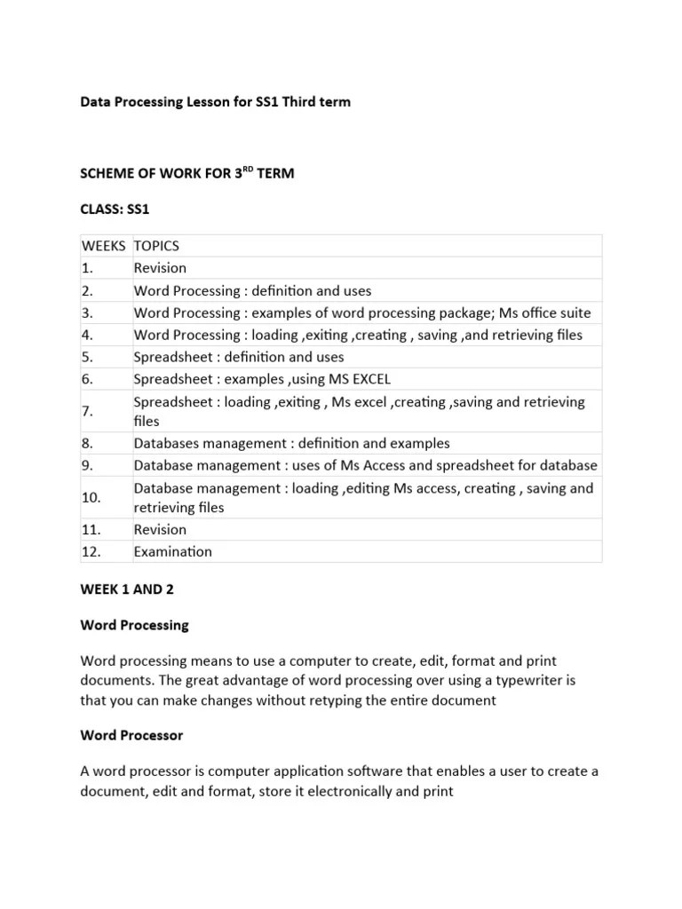 Data Processing Lesson For SS1 Third Term | PDF | Databases | Spreadsheet