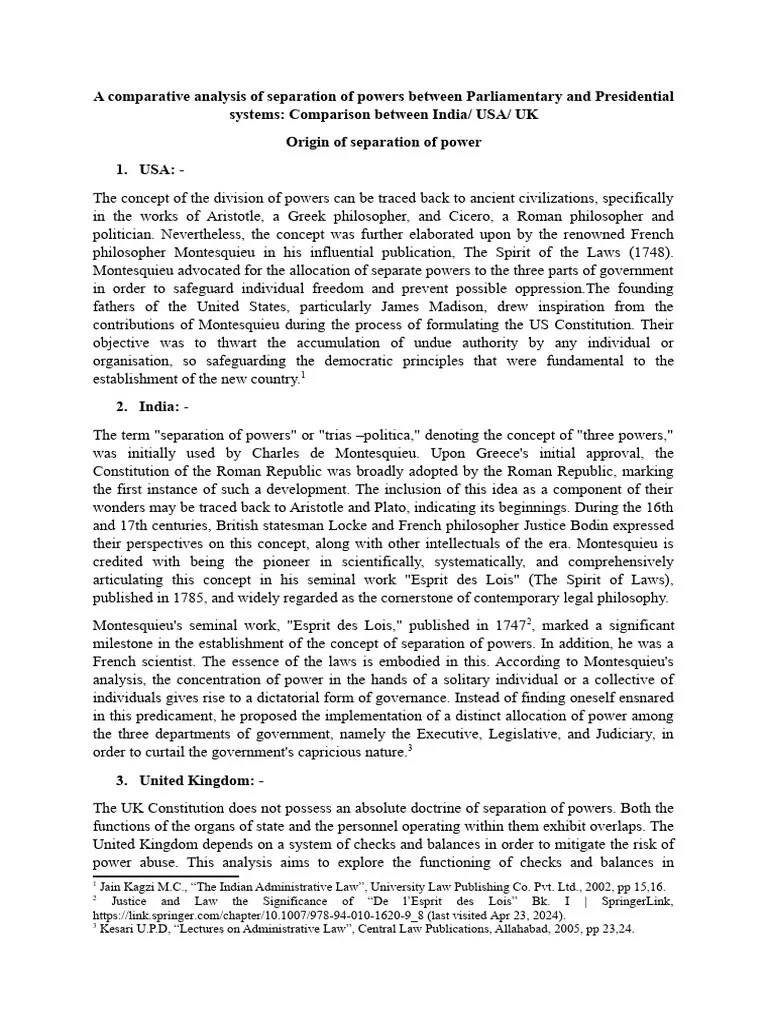 A Comparative Analysis Of Separation Of Powers Between Parliamentary And Presidential Systems ...