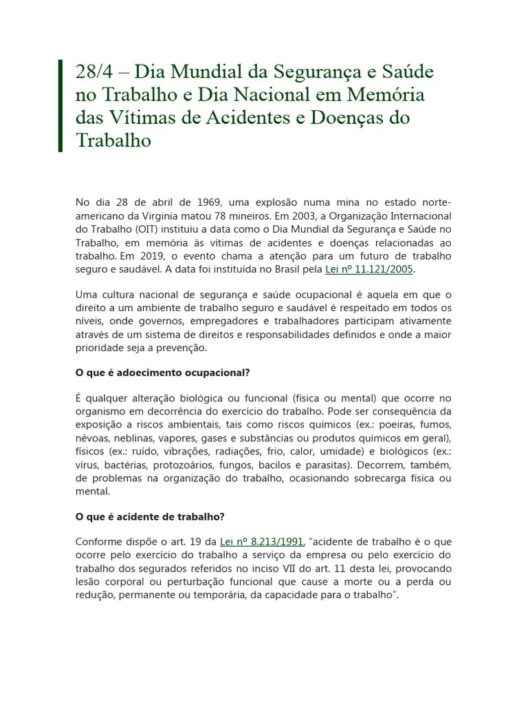Dia Mundial Da Segurança E Saúde No Trabalho E Dia Nacional Em Memória ...