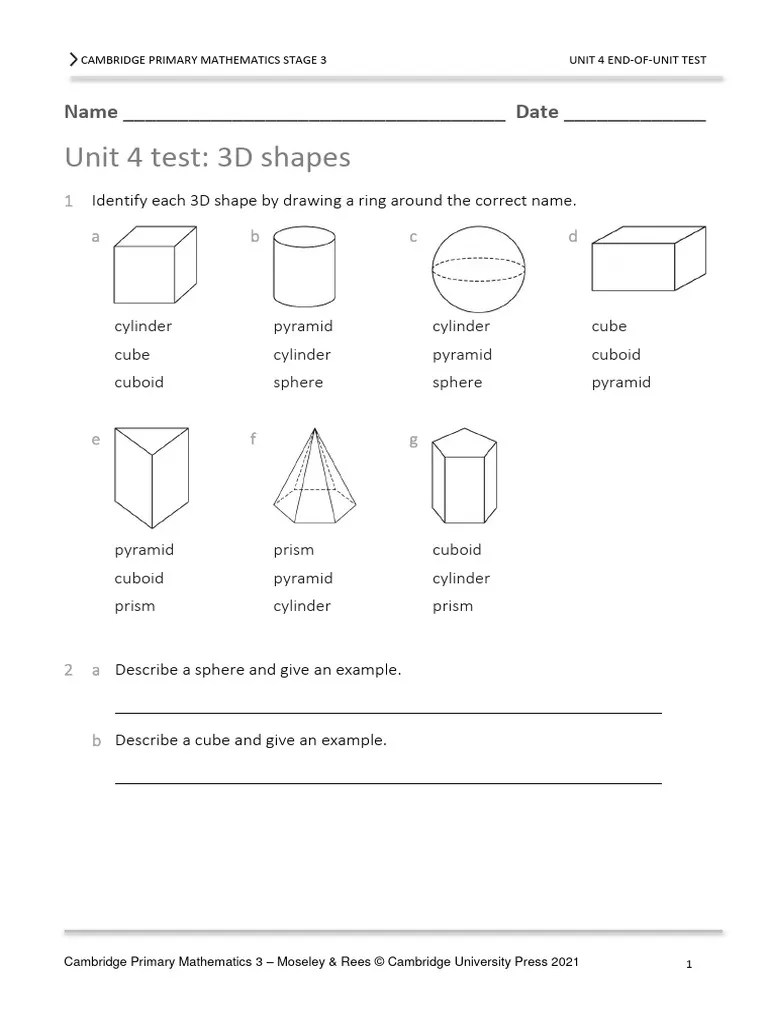 Prim Maths 3 2ed TR Unit 4 Test | PDF | Shape | Geometric Objects