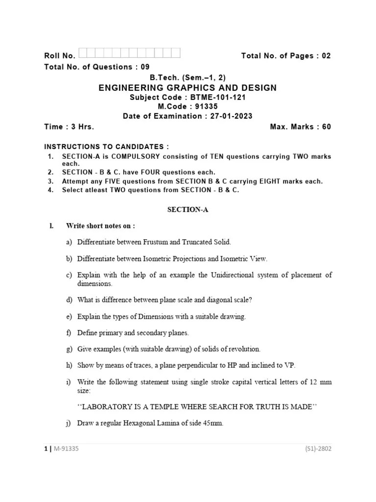 Btech 1 Sem 2 Sem Engineering Graphics And Design 91335 Jan 2023 | PDF | Cartesian Coordinate ...